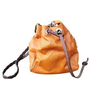 NEW JS Collection Drawstring Handbag Floral Embossed Camel & Brown Soft Leather